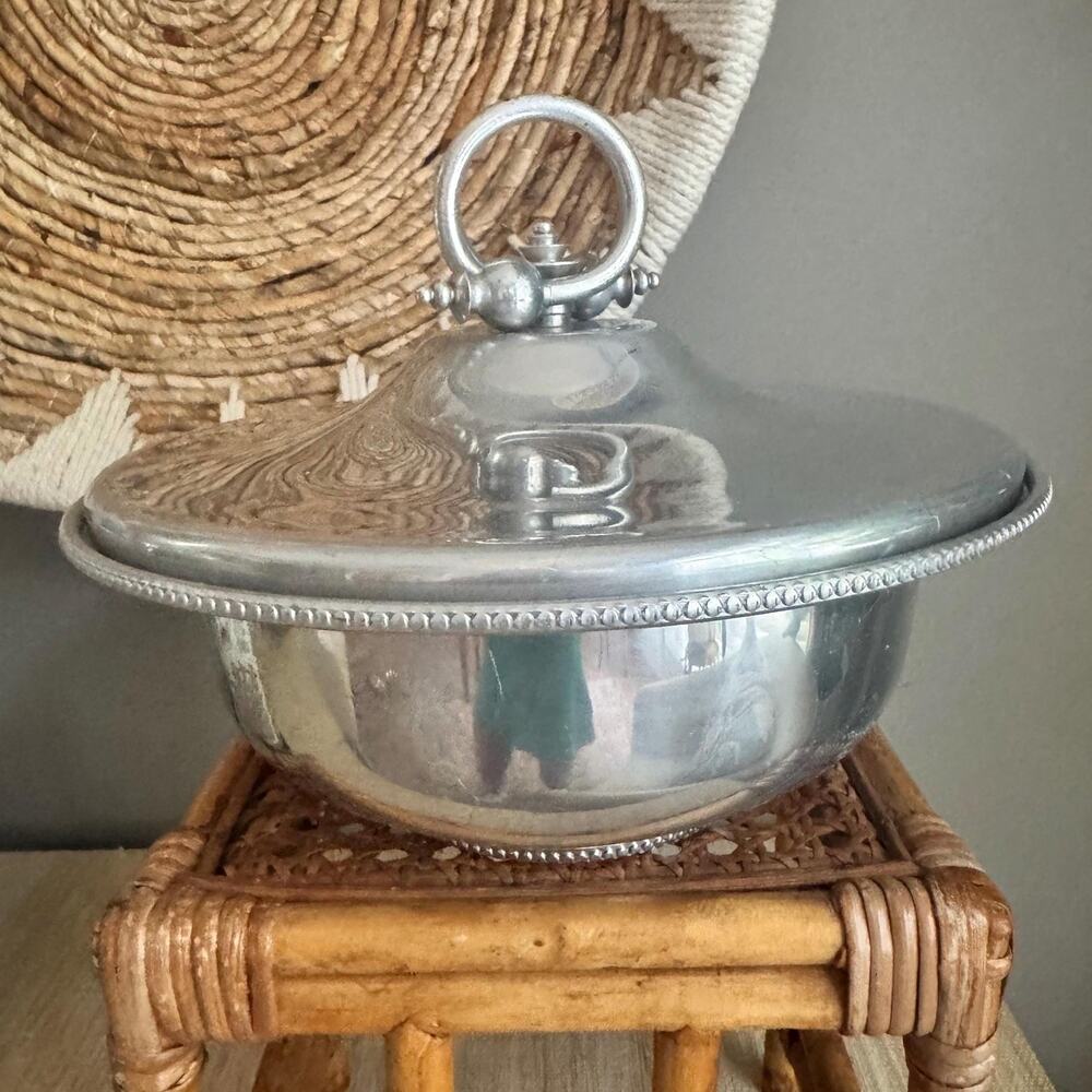 Vintage Aluminum Serving Dish with Pyrex, MCM Tureen Lid